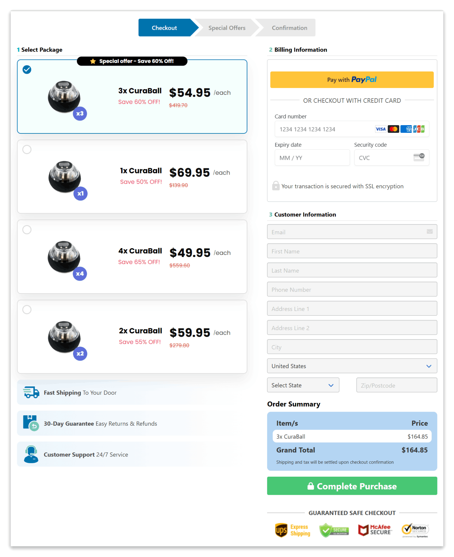 CuraBall secure checkout page